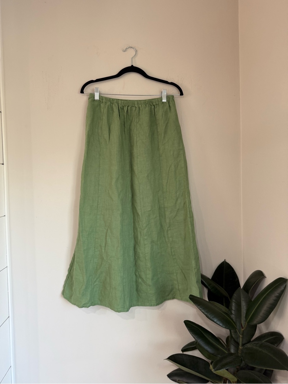 FLAX 100% Linen Green Midi Skirt Size Small Elastic Waist Minimalist - Picture 2 of 5